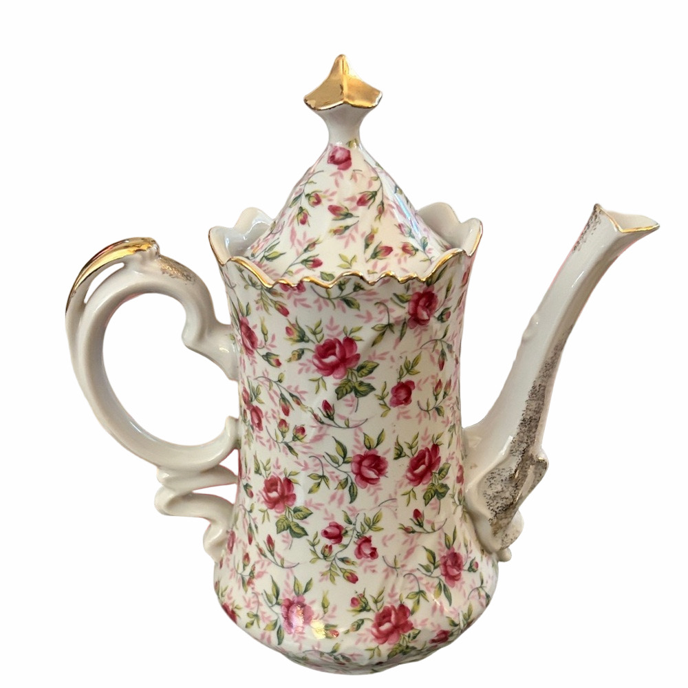 Lefton Rose chintz Bone China Coffee Pot hand painted  original sticker 660R